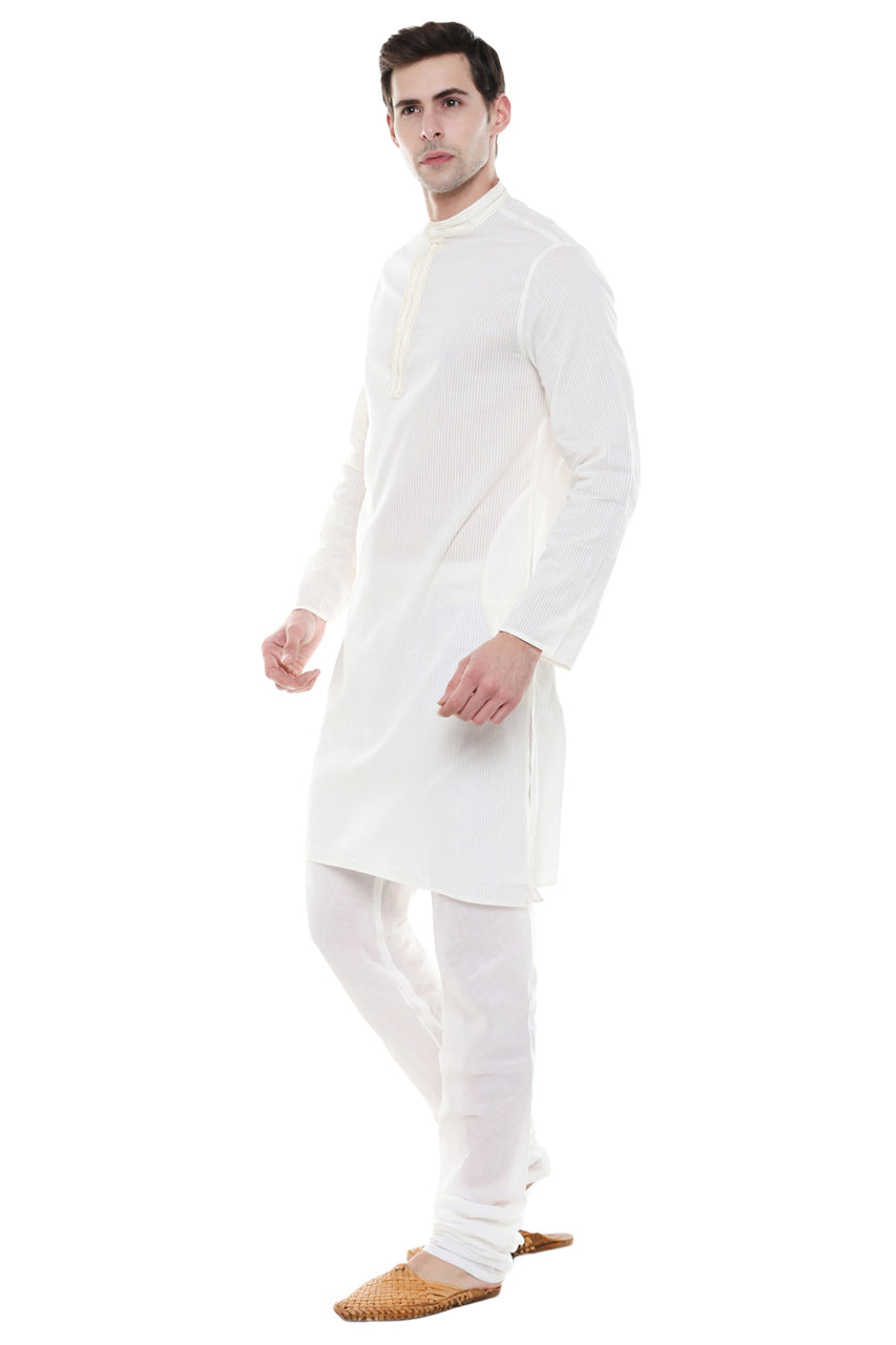 Men's Two-Piece Ensemble - Off White Pure Cotton Kurta Pajama - Side | In-Sattva
