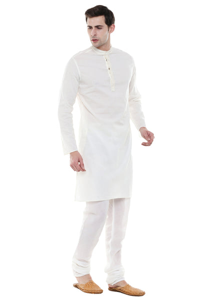 Men's Two-Piece Ensemble - Off White Pure Cotton Kurta Pajama - Side | In-Sattva