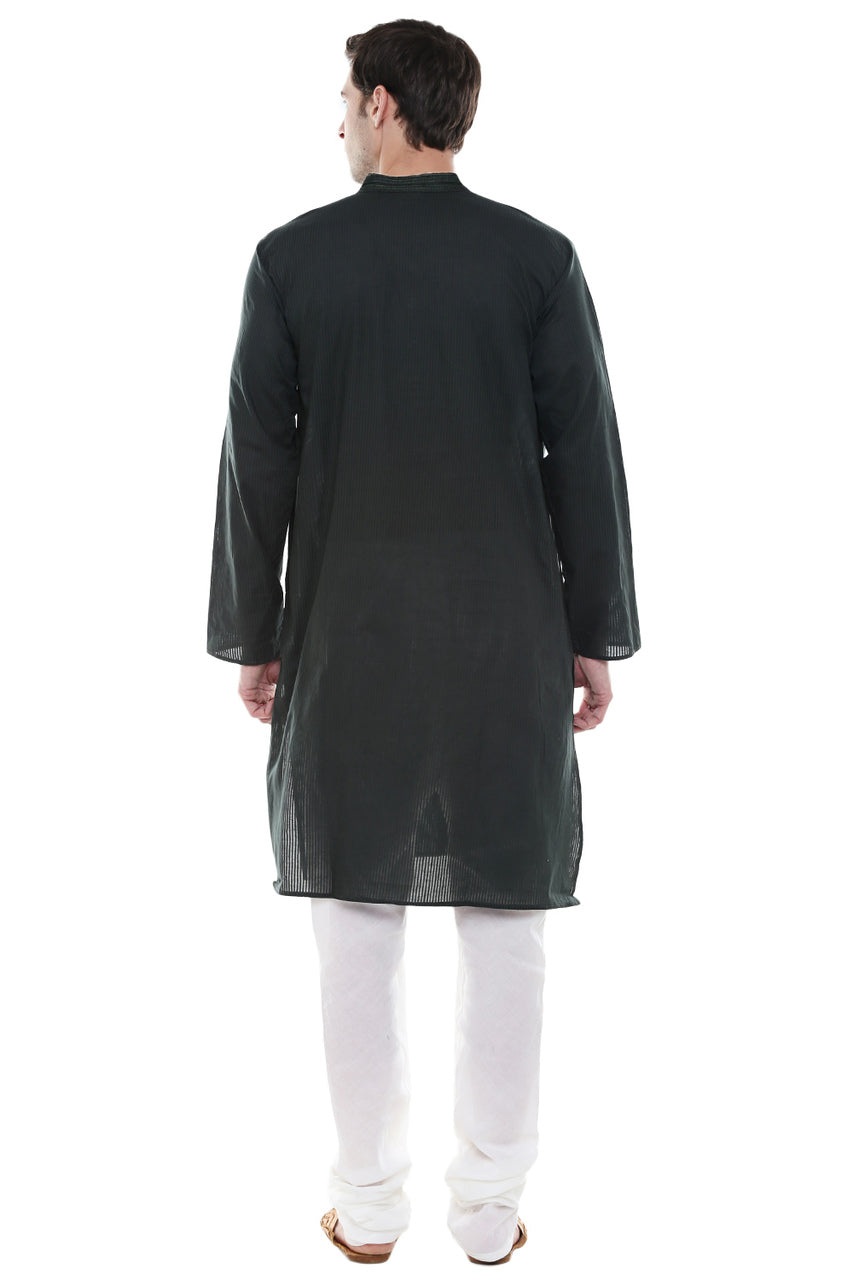 Men's Two-Piece Ensemble - Olive Green Pure Cotton Kurta Pajama -Back | In-Sattva
