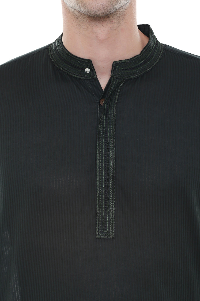 Men's Two-Piece Ensemble - Olive Green Pure Cotton Kurta Pajama - Garment details | In-Sattva