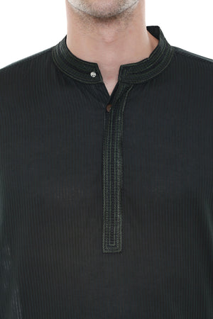 Men's Two-Piece Ensemble - Olive Green Pure Cotton Kurta Pajama - Garment details | In-Sattva