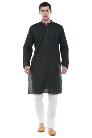 Men's Two-Piece Ensemble - Olive Green Pure Cotton Kurta Pajama - Full Display | In-Sattva
