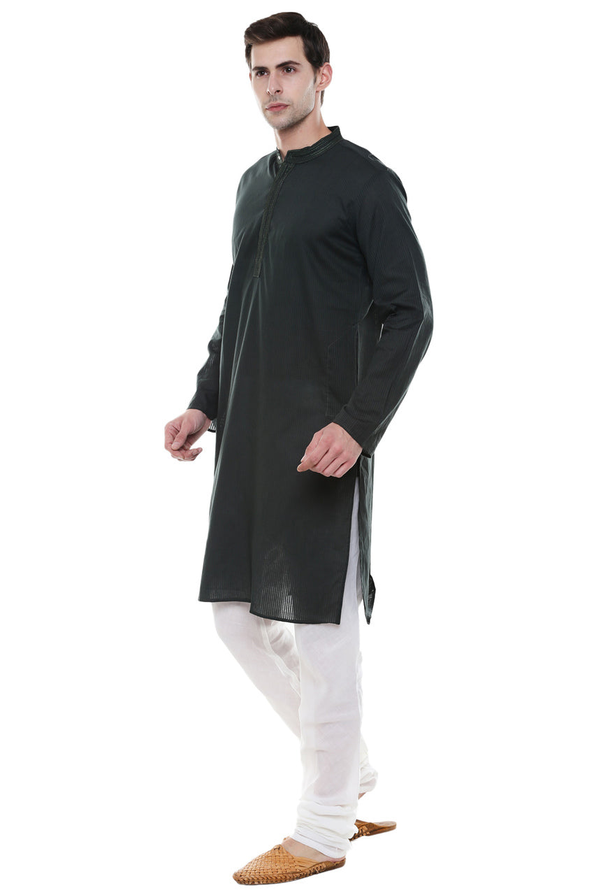 Men's Two-Piece Ensemble - Olive Green Pure Cotton Kurta Pajama - Side | In-Sattva