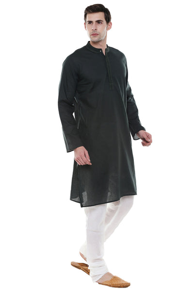 Men's Two-Piece Ensemble - Olive Green Pure Cotton Kurta Pajama - Side | In-Sattva