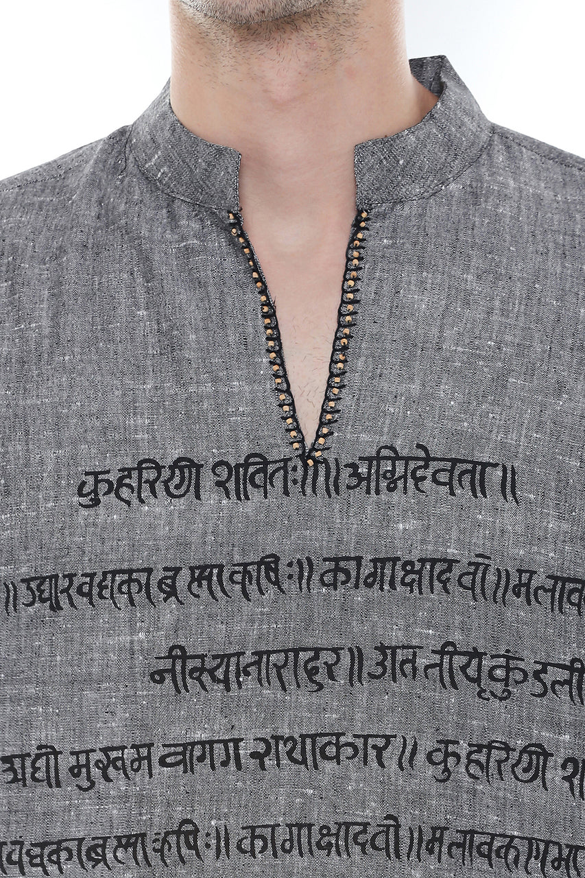 In-Sattva Men's Sanskrit Mantra Print Positive Vibe Pure Cotton Kurta Tunic Gray