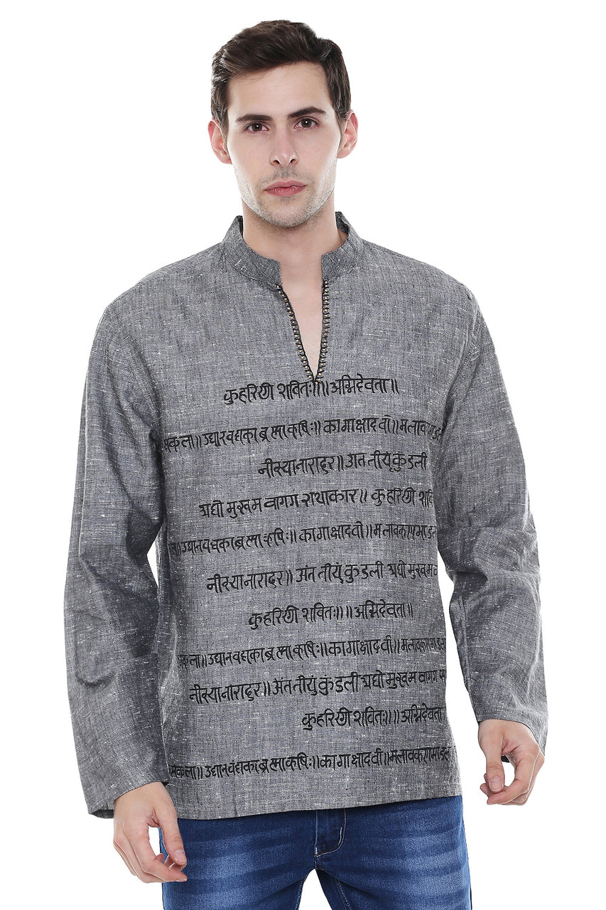 In-Sattva Men's Sanskrit Mantra Print Positive Vibe Pure Cotton Kurta Tunic Gray