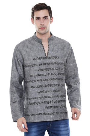 In-Sattva Men's Sanskrit Mantra Print Positive Vibe Pure Cotton Kurta Tunic Gray