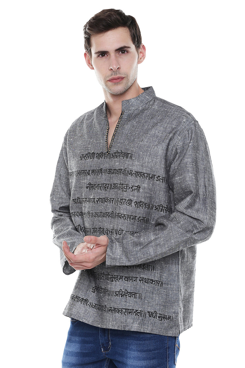 In-Sattva Men's Sanskrit Mantra Print Positive Vibe Pure Cotton Kurta Tunic Gray