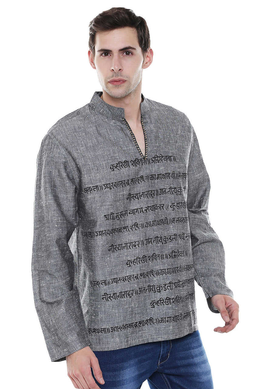 In-Sattva Men's Sanskrit Mantra Print Positive Vibe Pure Cotton Kurta Tunic Gray