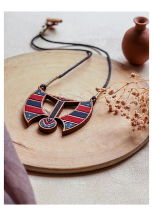 Ethnic Blue and Red Tribal Inspired Wooden Necklace | Natural View
