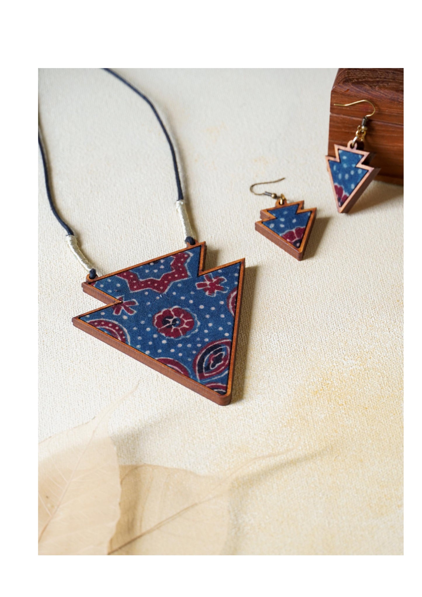 Ethnic Blue and Red Tribal Inspired Wooden Jewelry Set | Natural View