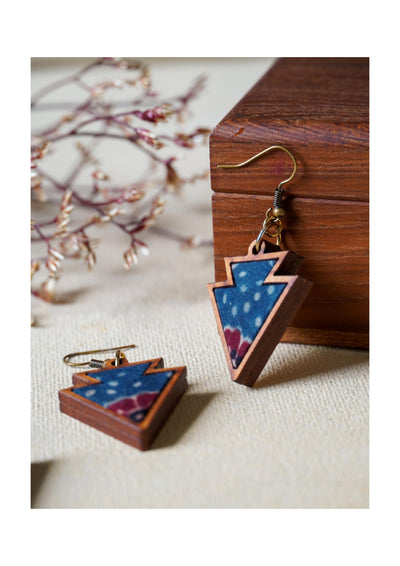 Ethnic Blue and Red Tribal Inspired Wooden Earrings | Natural View