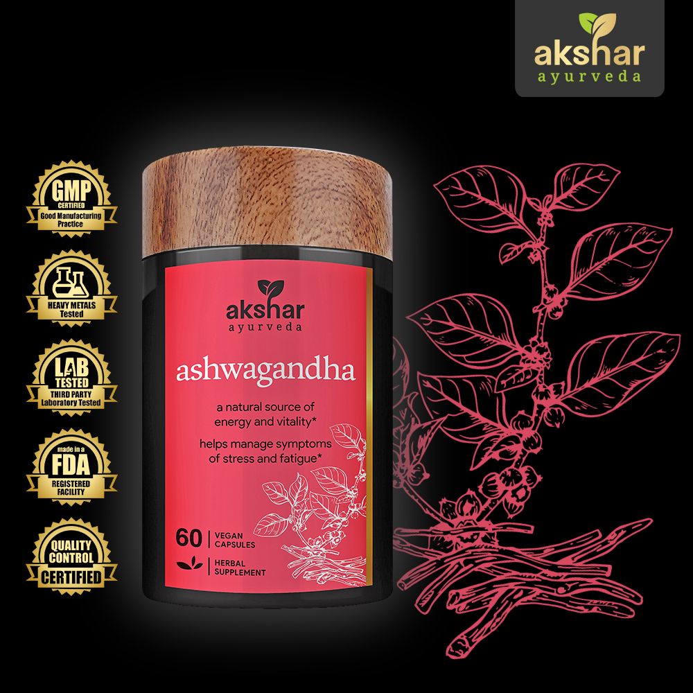 Akshar Ayurveda Ashwagandha 500mg supplement, 60 vegan tablets with Ayurvedic ingredient and quality certifications