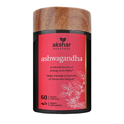 Front pack shot of Akshar Ayurveda Ashwagandha 500mg supplement, 60 vegan tablets