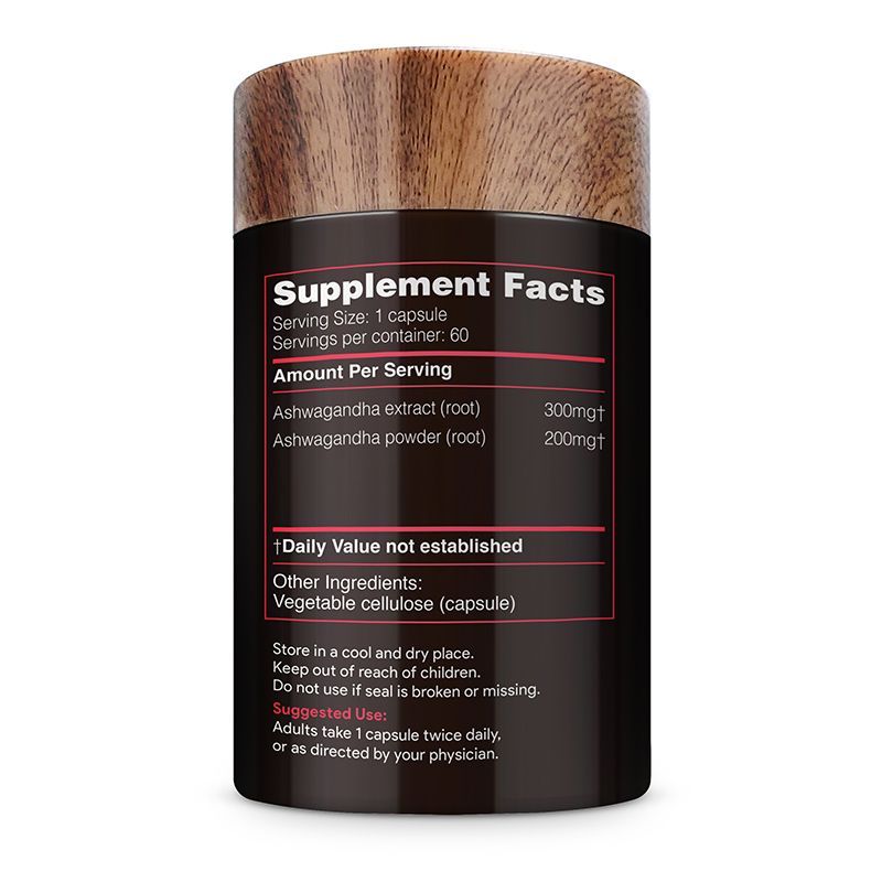 Akshar Ayurveda Ashwagandha 500mg supplement, 60 vegan tablets Supplement Facts label and usage directions
