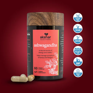 Akshar Ayurveda Ashwagandha 500mg supplement, 60 vegan tablets with vegan quality certification icons