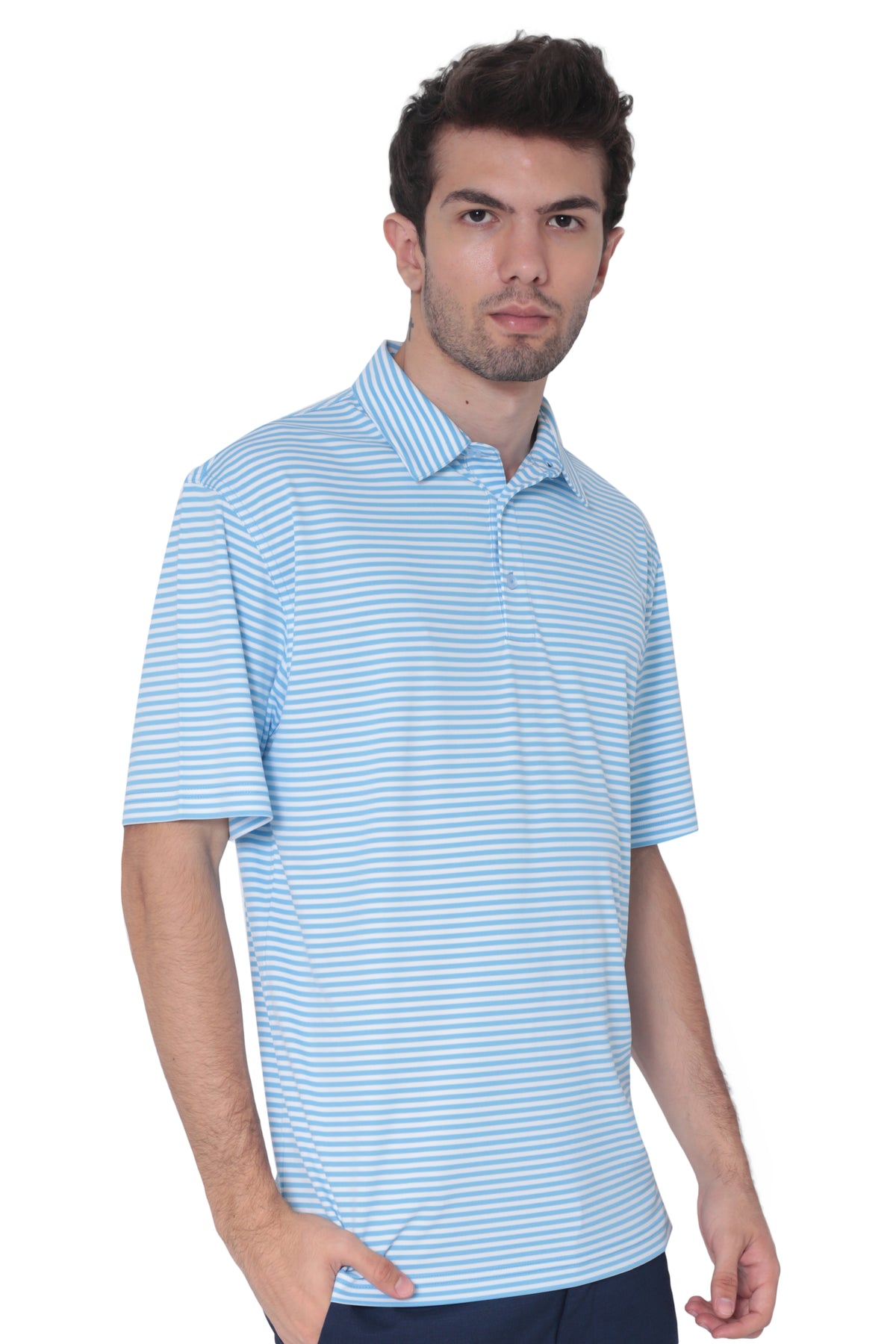 Back view of men's alaskan blue fine striped moisture-wicking golf polo for golf, work and travel
