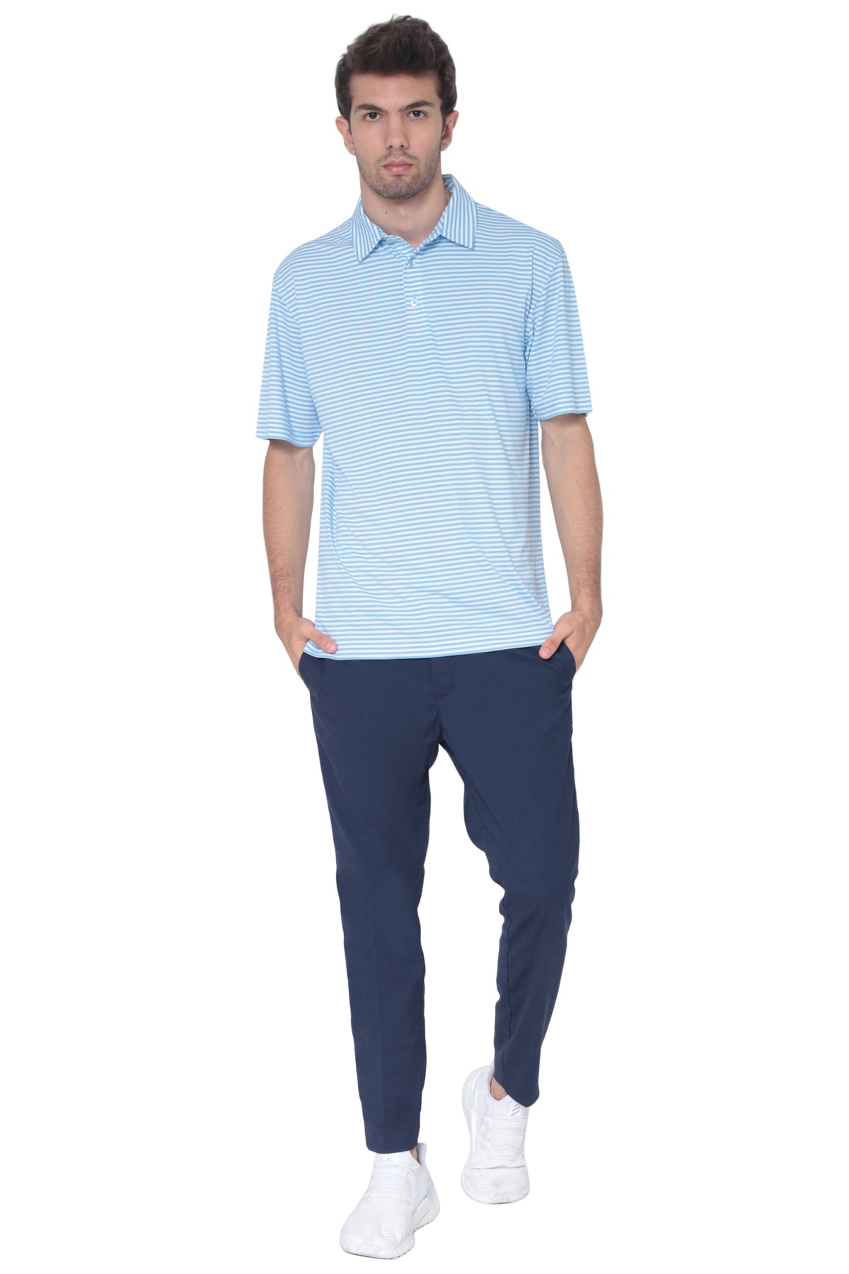 Collar and chest pocket detail on men's alaskan blue fine striped moisture-wicking golf polo