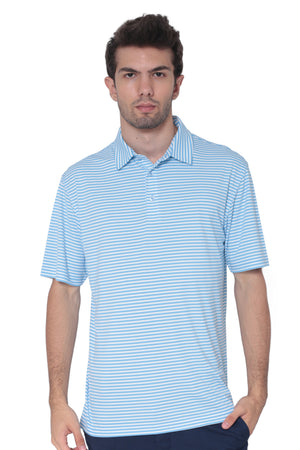 Men's alaskan blue fine striped moisture-wicking golf polo by AVA Athletica, front view