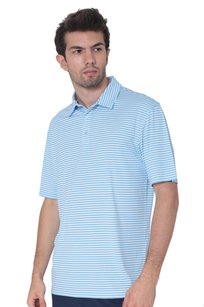 Left side profile of men's alaskan blue fine striped moisture-wicking golf polo for golf, work and travel