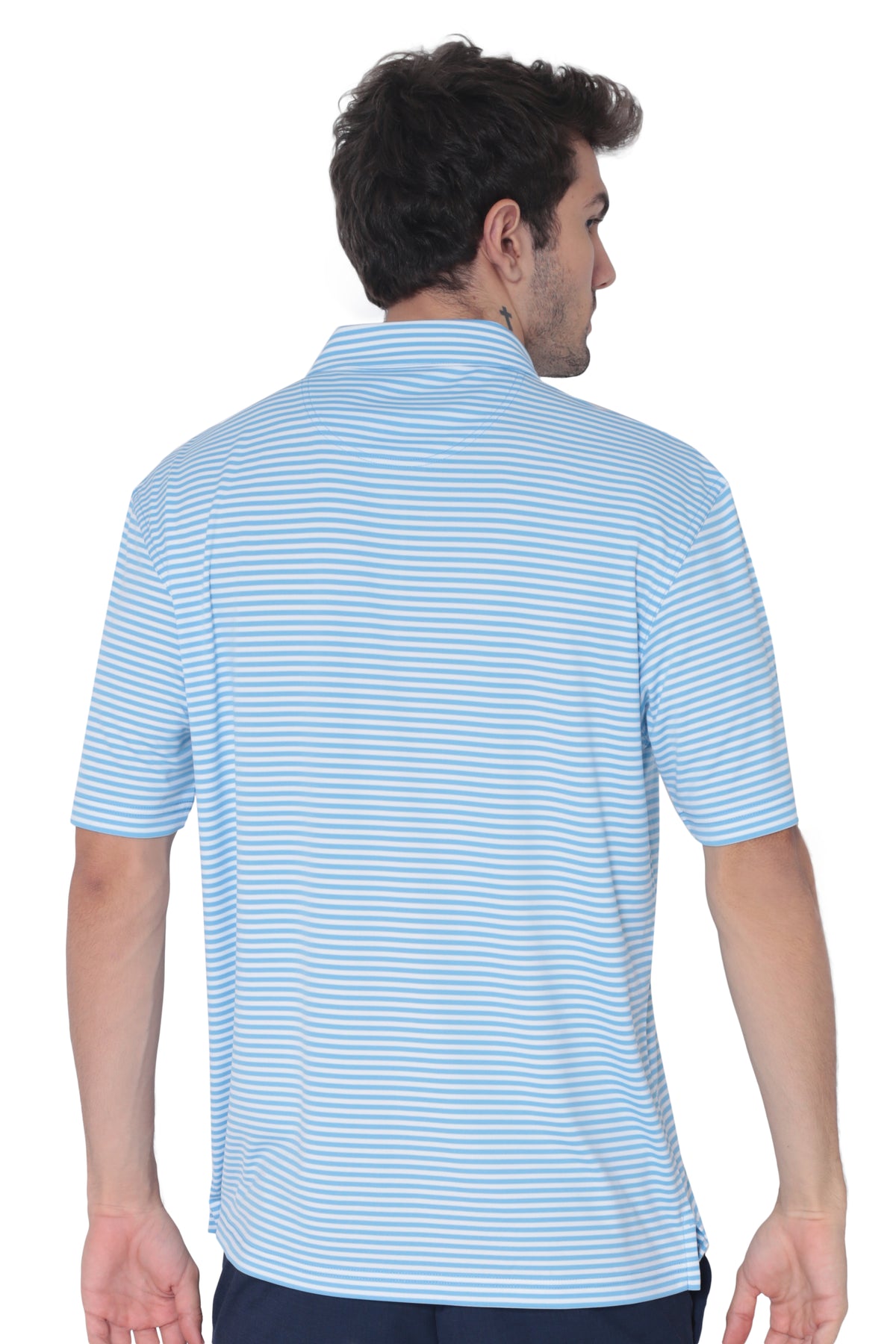 Right side profile of men's alaskan blue fine striped moisture-wicking golf polo for golf, work and travel