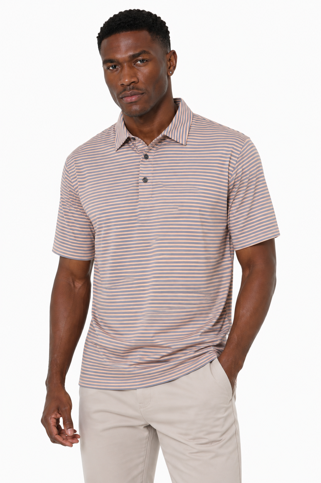 Men's amber fine striped moisture-wicking golf polo by AVA Athletica, front view