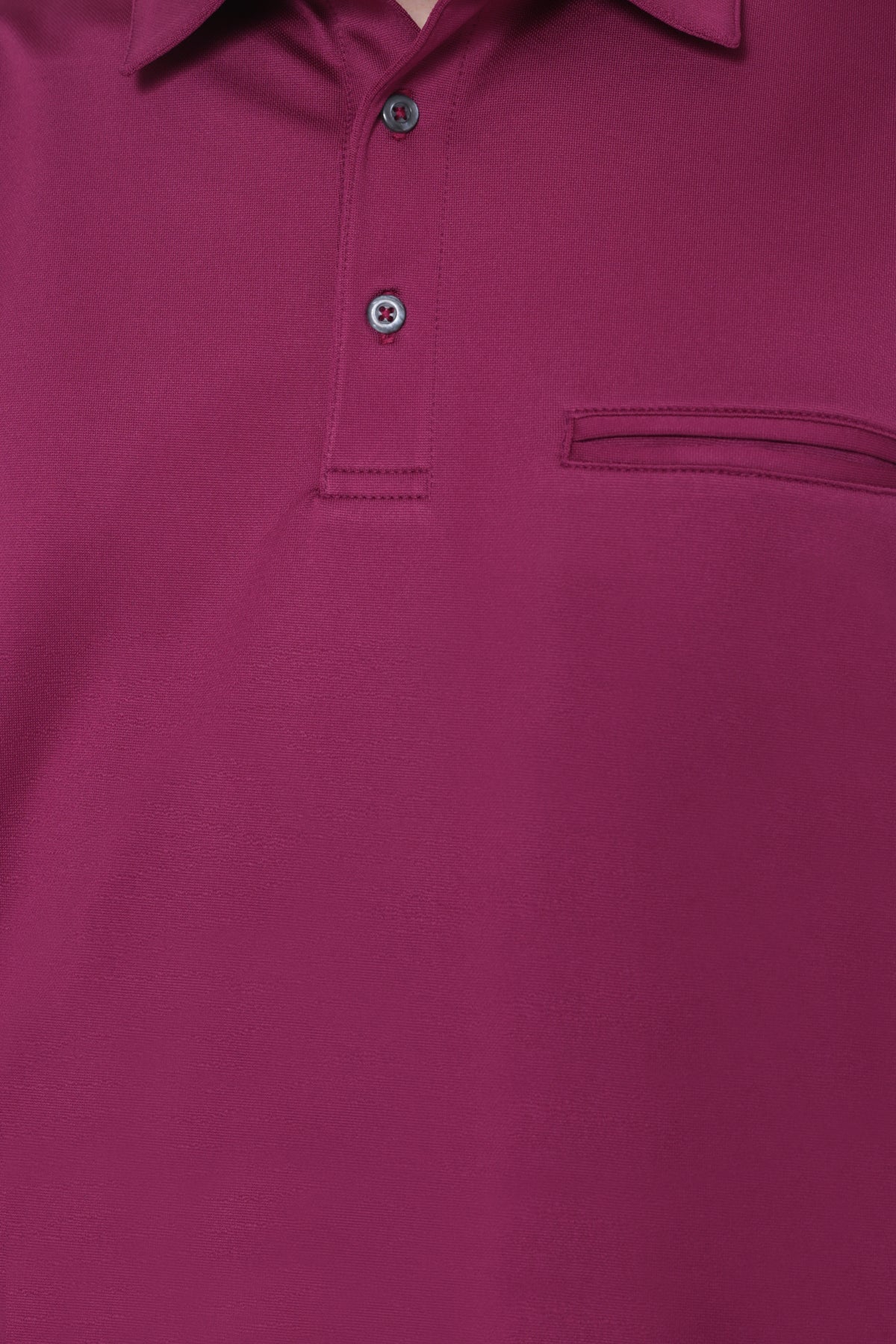 Collar and chest pocket detail on men's berry quick-dry golf polo with chest pocket