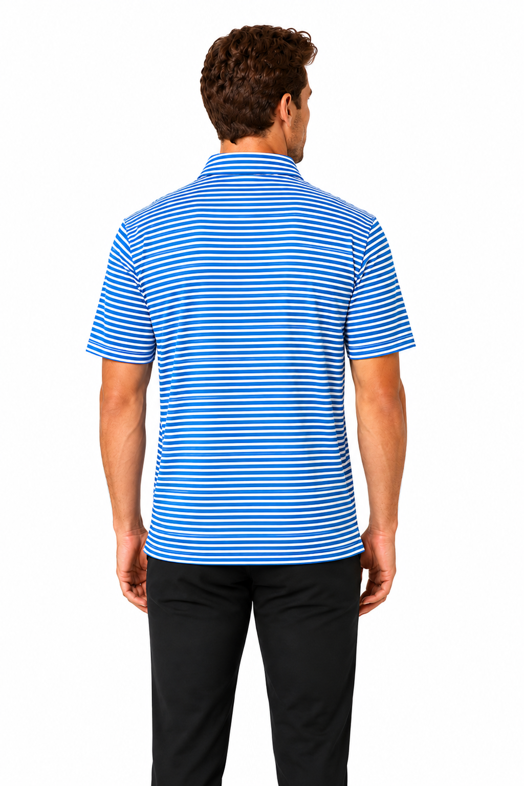Back view of men's blue fine striped moisture-wicking golf polo for golf, work and travel