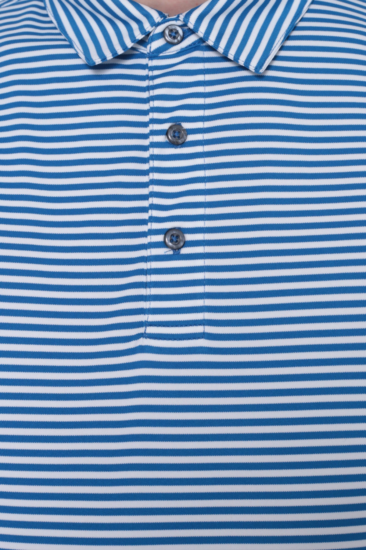 Collar and chest pocket detail on men's blue fine striped moisture-wicking golf polo