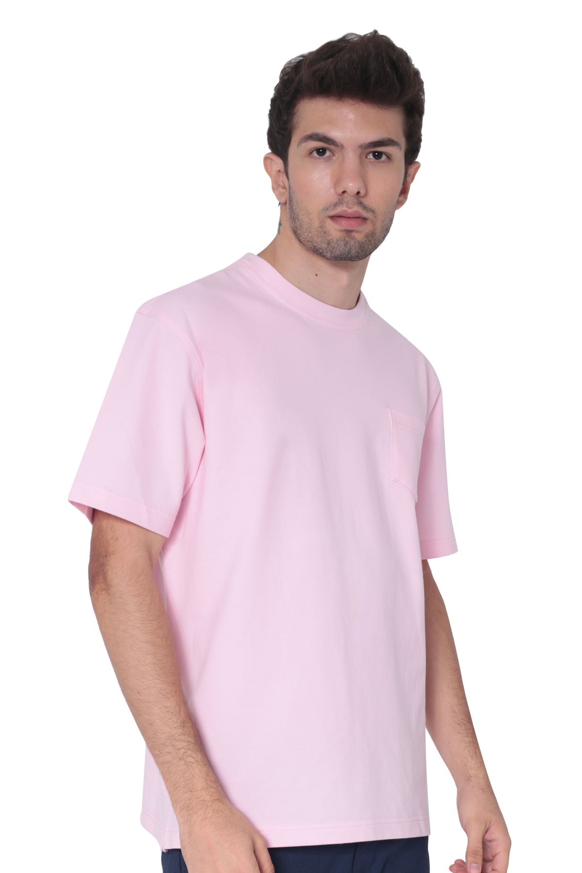 Back view of men's blush breathable cotton round-neck pocket T-shirt for casual wear and travel