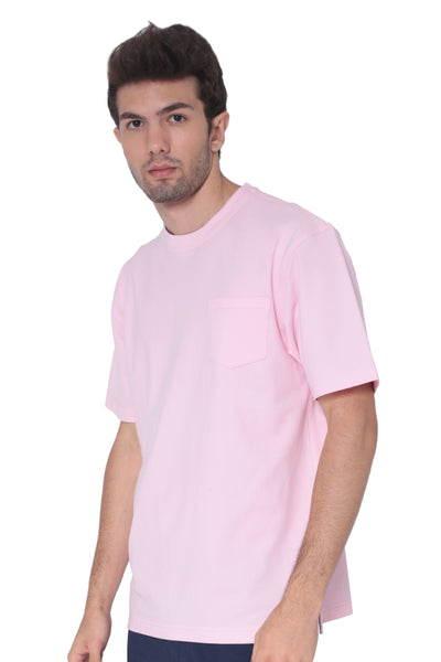 Left side profile of men's blush breathable cotton round-neck pocket T-shirt for casual wear and travel