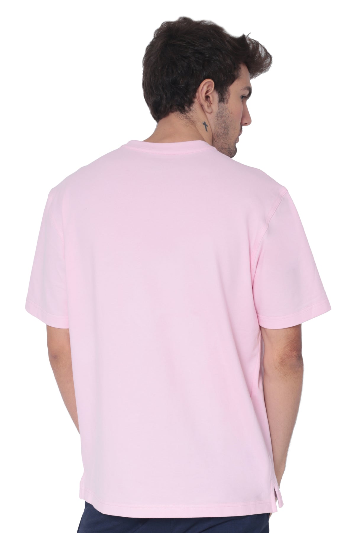 Right side profile of men's blush breathable cotton round-neck pocket T-shirt for casual wear and travel