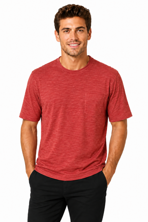 Men's brick red space-dyed performance pocket T-shirt by AVA Athletica, front view