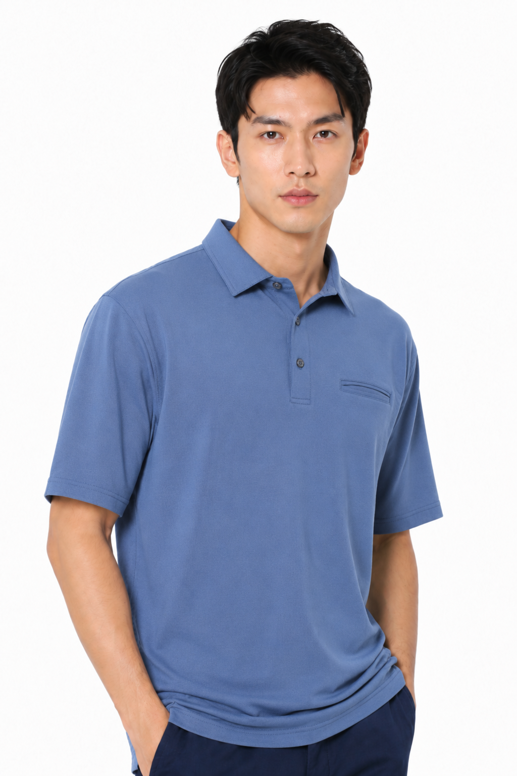 Men's colony blue quick-dry golf polo with chest pocket by AVA Athletica, front view