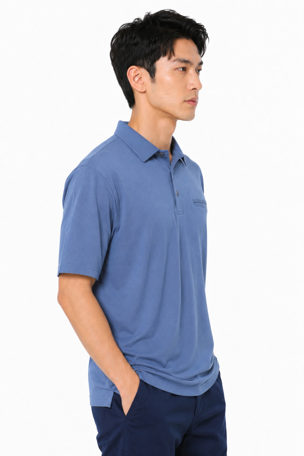 Side profile of men's colony blue quick-dry golf polo with chest pocket for golf, tennis and travel