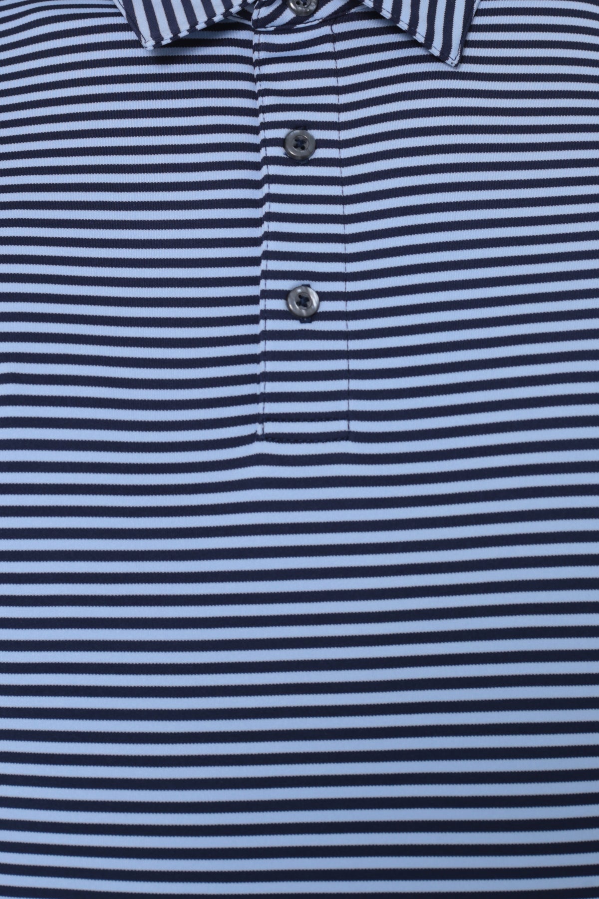 Collar and chest pocket detail on men's dark blue fine striped moisture-wicking golf polo
