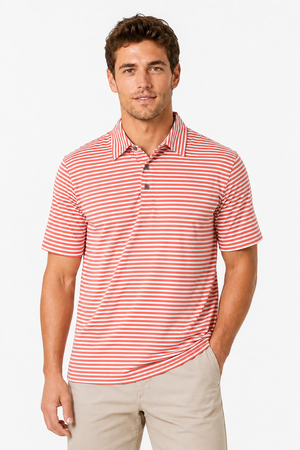 Men's ginger fine striped moisture-wicking golf polo by AVA Athletica, front view