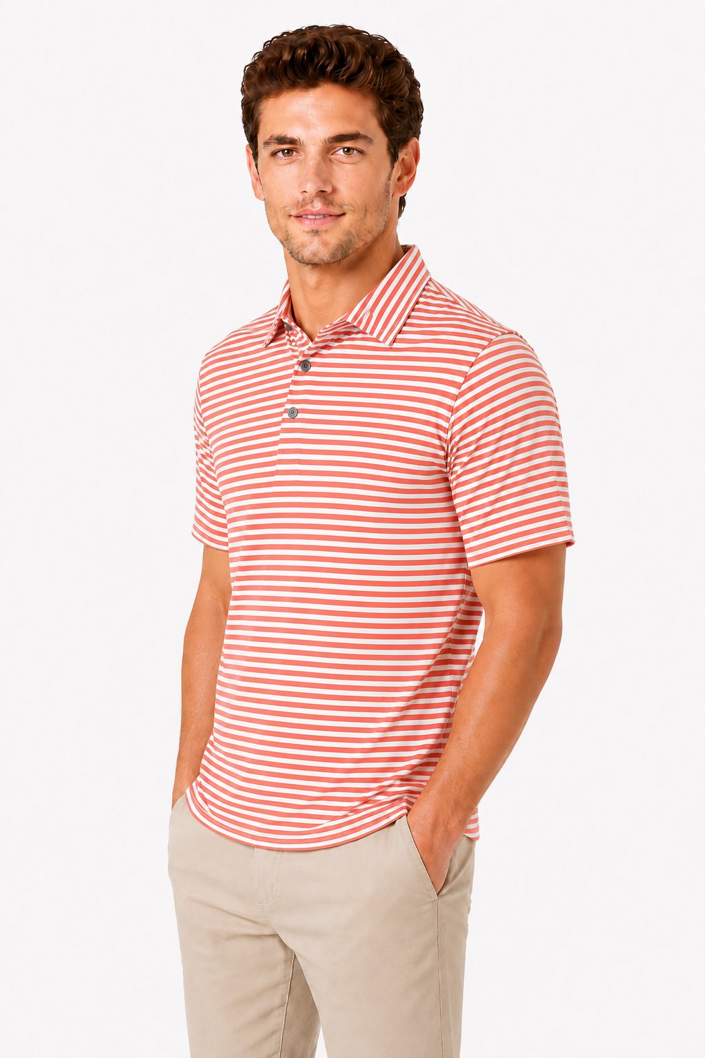 Side profile of men's ginger fine striped moisture-wicking golf polo for golf, work and travel