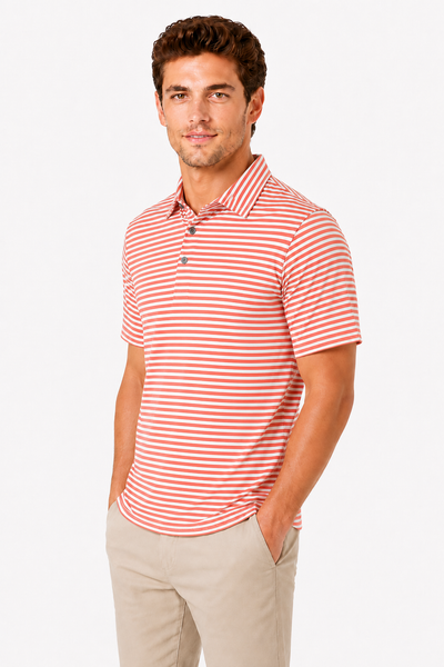 Side profile of men's ginger fine striped moisture-wicking golf polo for golf, work and travel