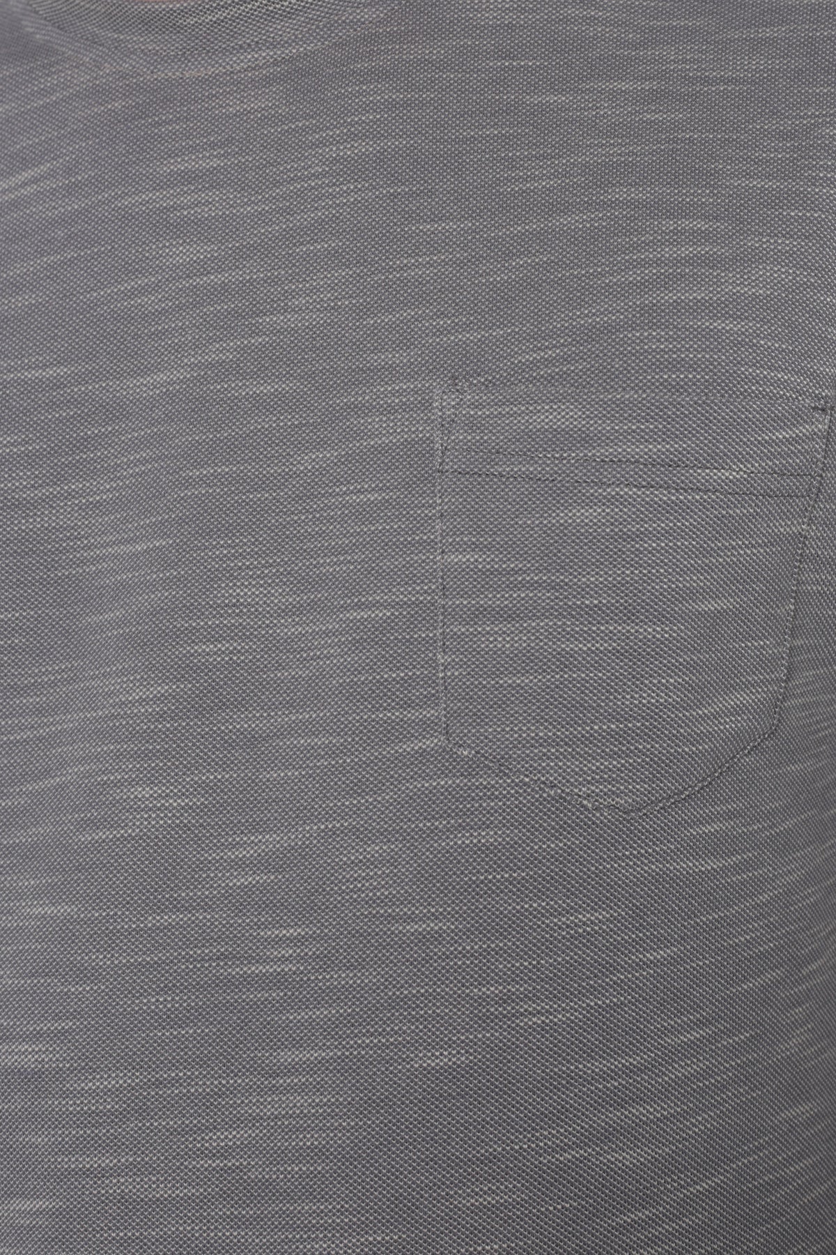 Collar and chest pocket detail on men's grey space-dyed performance pocket T-shirt
