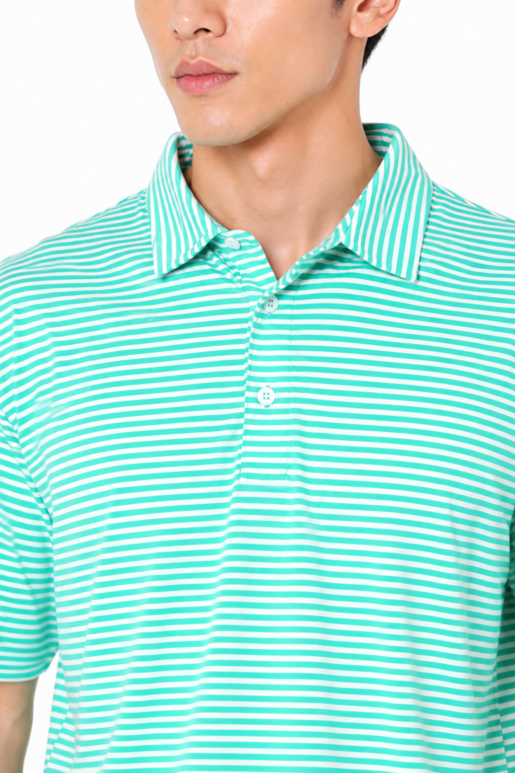 Fabric pattern and texture detail on men's jade fine striped moisture-wicking golf polo