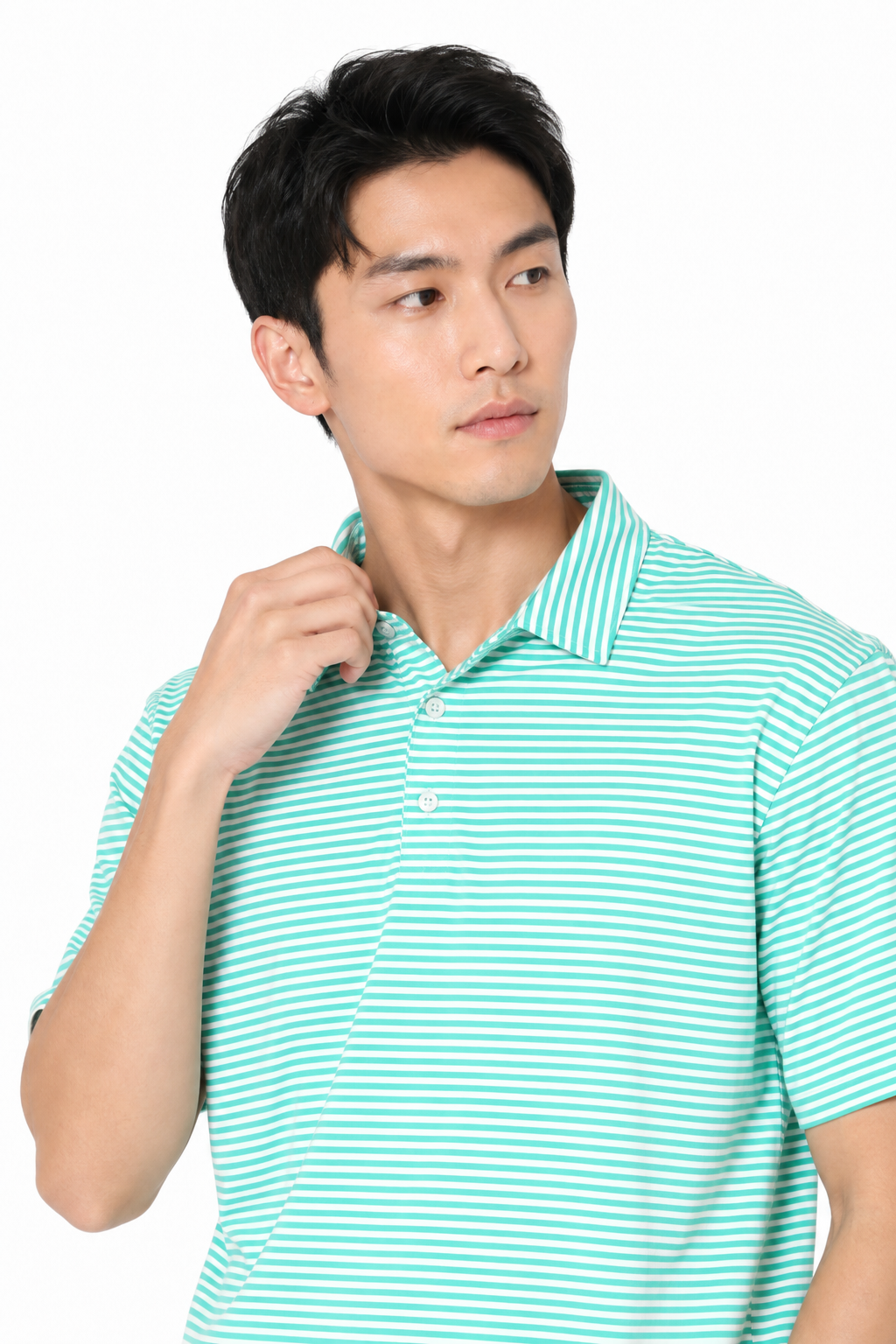 Left side profile of men's jade fine striped moisture-wicking golf polo for golf, work and travel