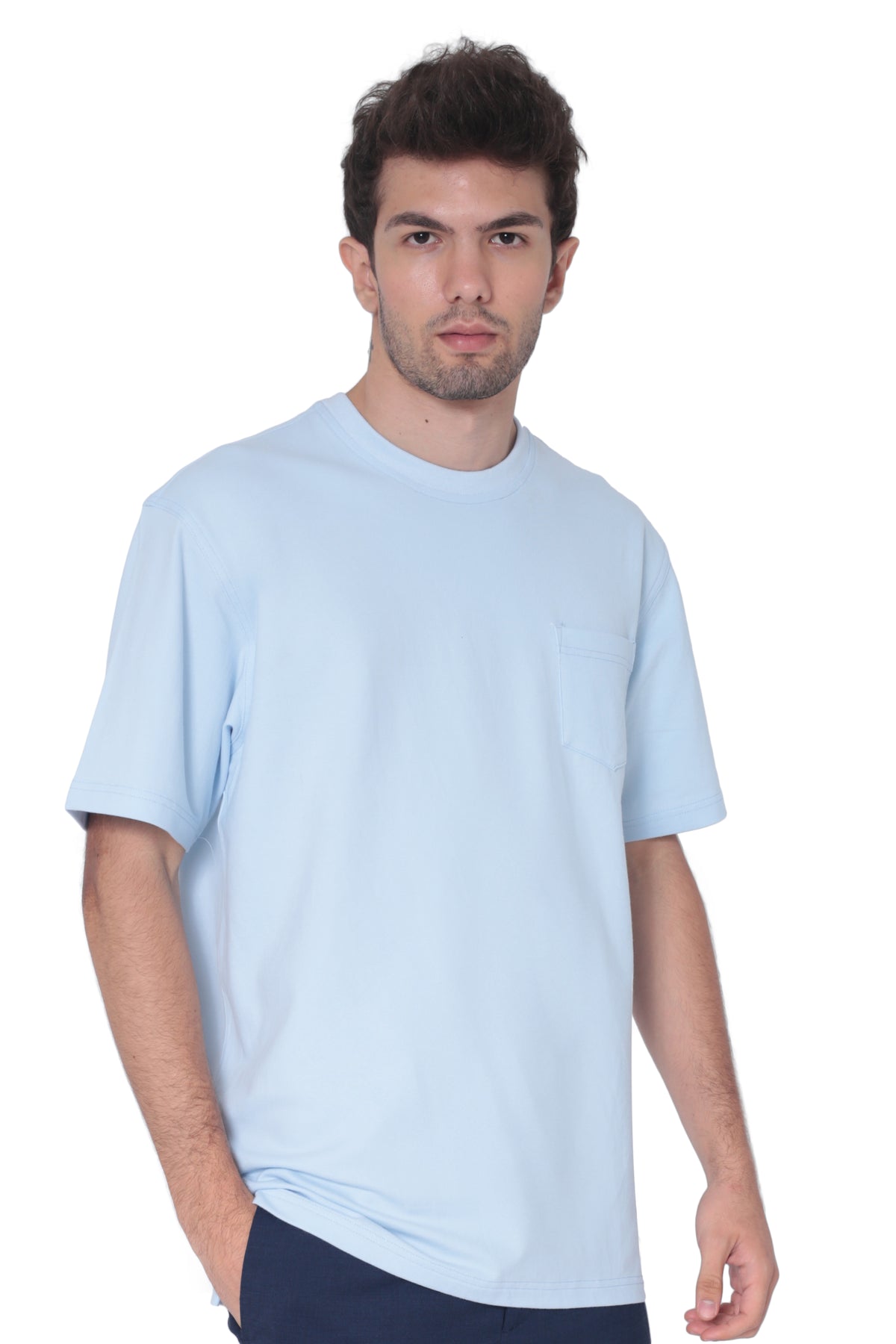 Back view of men's light blue breathable cotton round-neck pocket T-shirt for casual wear and travel