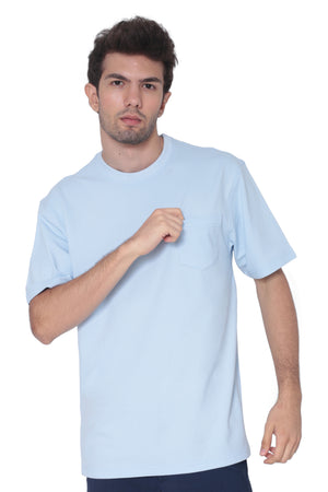 Men's light blue breathable cotton round-neck pocket T-shirt by AVA Athletica, front view