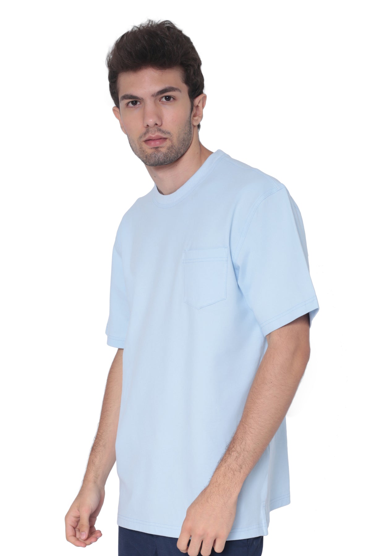 Left side profile of men's light blue breathable cotton round-neck pocket T-shirt for casual wear and travel