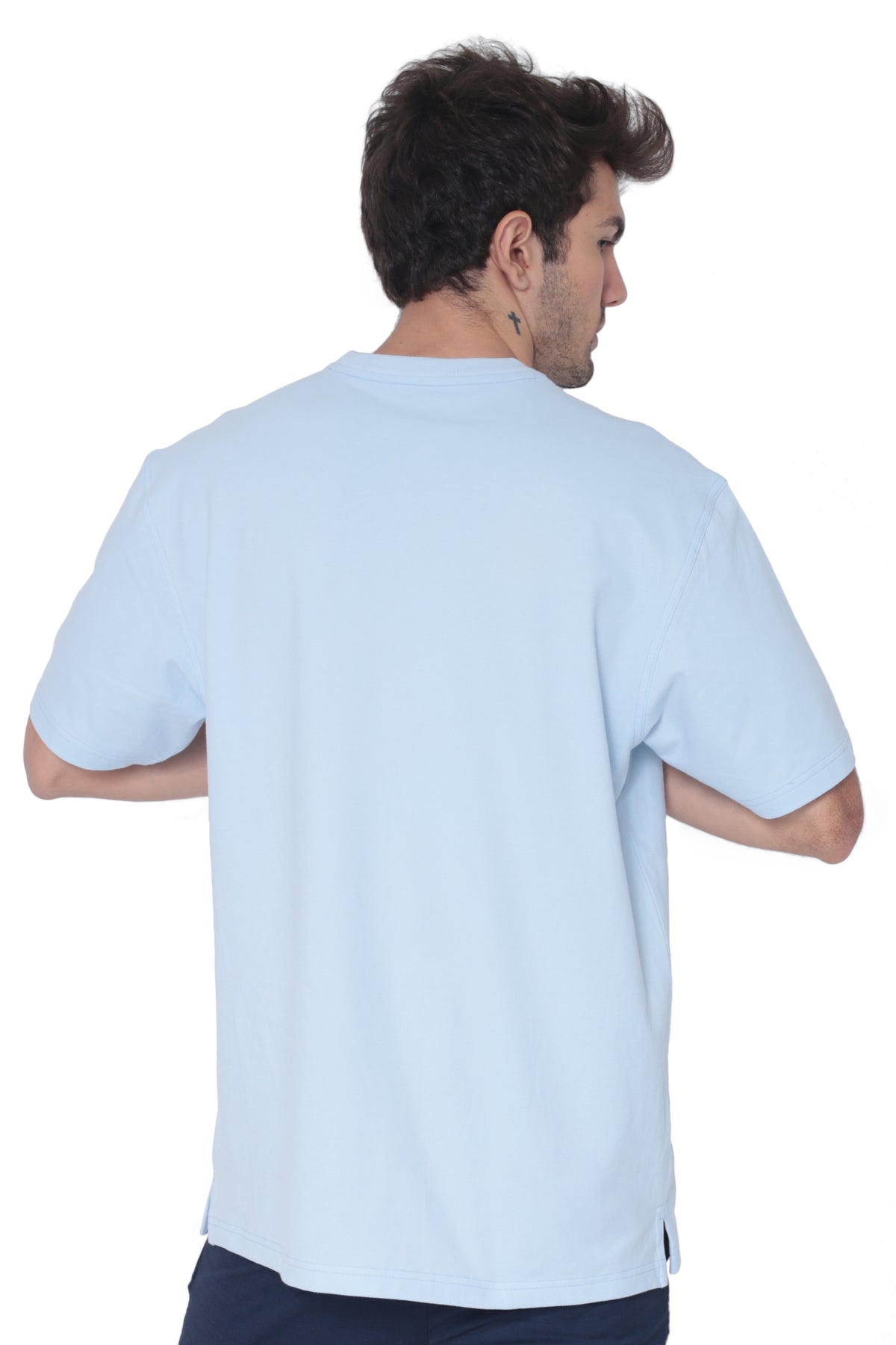 Right side profile of men's light blue breathable cotton round-neck pocket T-shirt for casual wear and travel