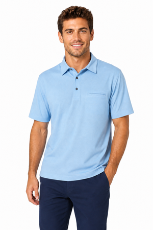 Men's light blue quick-dry golf polo with chest pocket by AVA Athletica, front view