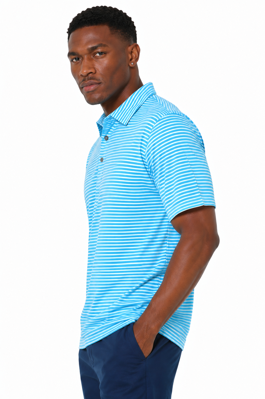 Back view of men's malibu blue fine striped moisture-wicking golf polo for golf, work and travel