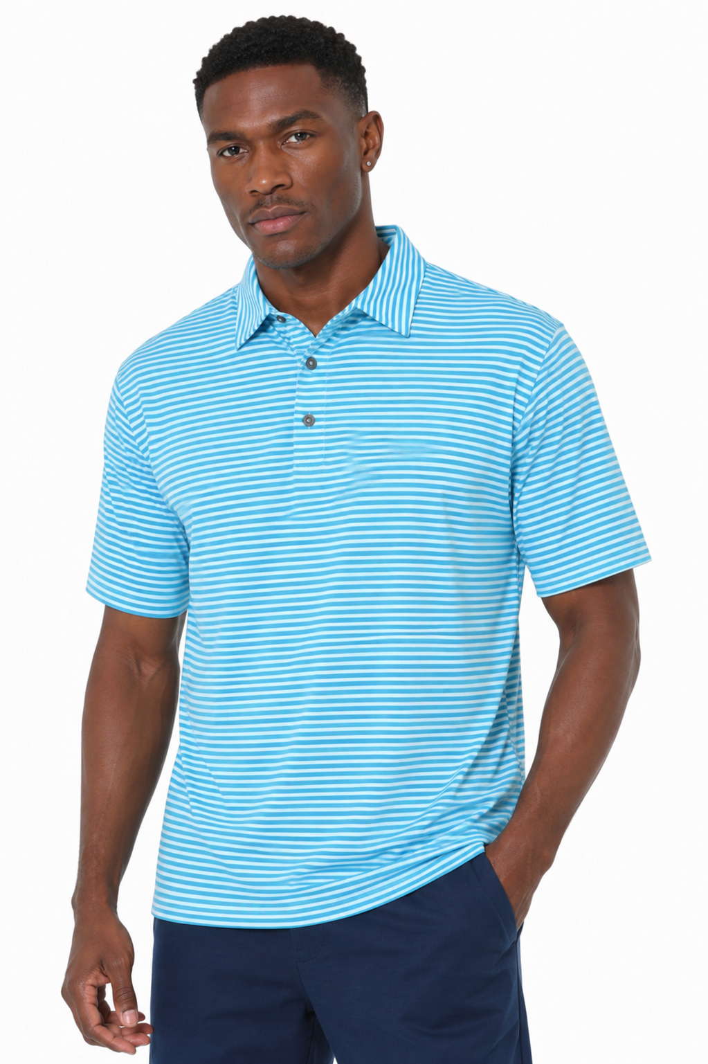 Men's malibu blue fine striped moisture-wicking golf polo by AVA Athletica, front view
