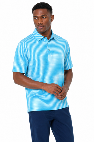 Left side profile of men's malibu blue fine striped moisture-wicking golf polo for golf, work and travel